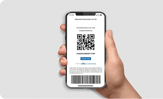 Hand holding phone with an online eScript QR code
