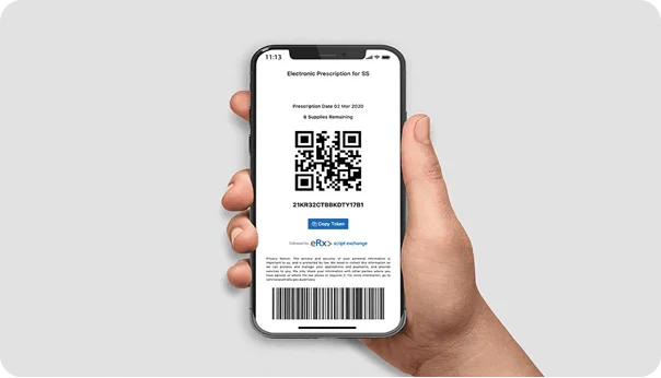 Hand holding phone with electronic prescription QR code-webp
