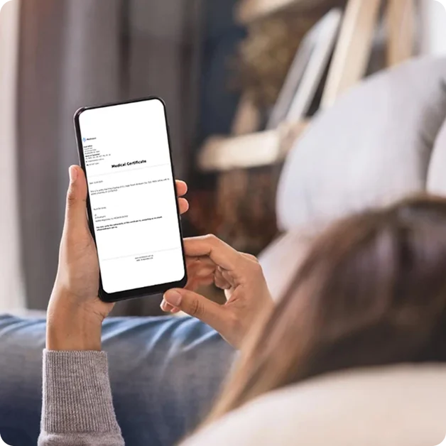 woman on couch viewing her telehealth medical certificate