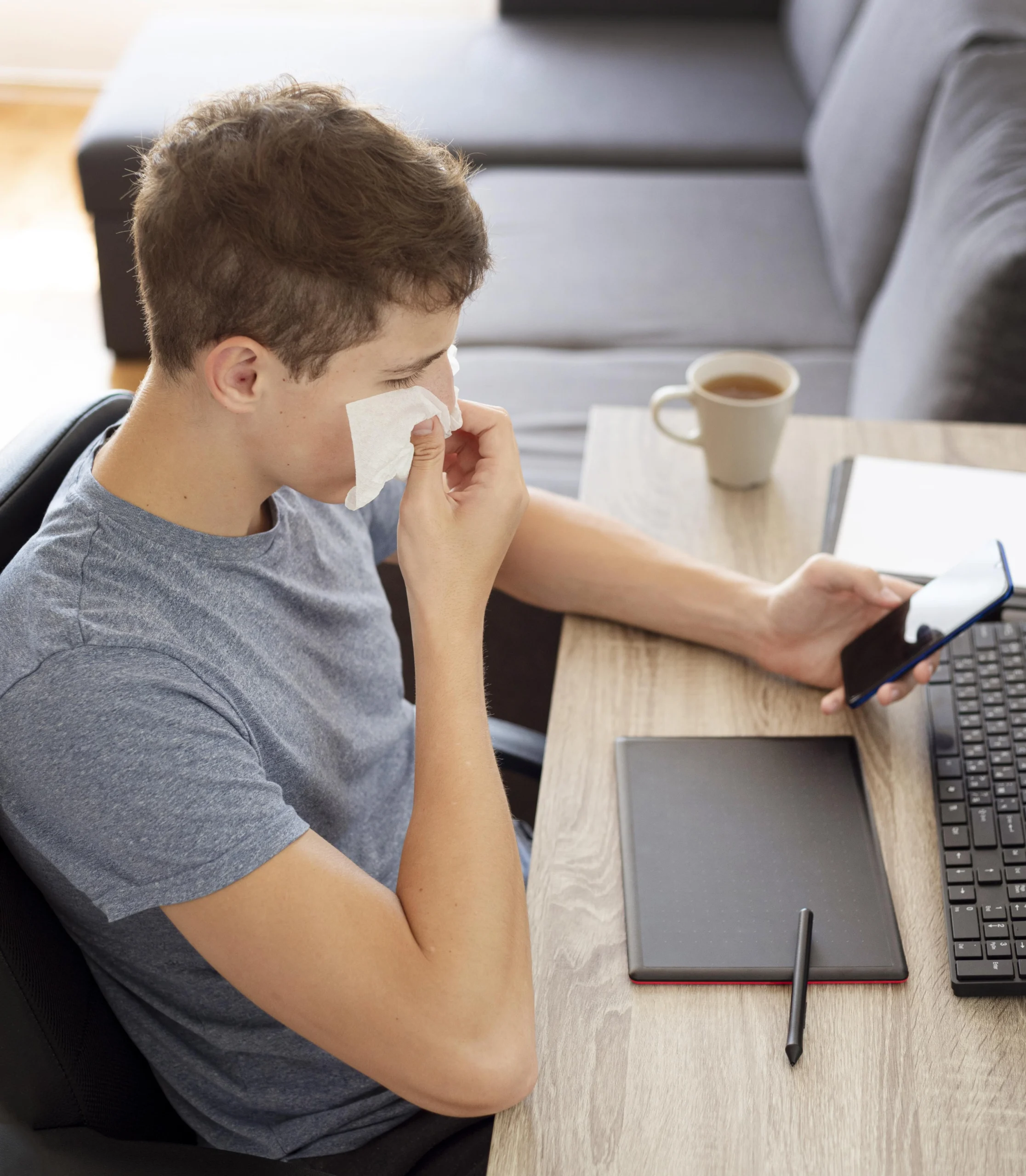 A young international student feeling unwell blows their nose while using a smartphone at home to access a MediLeave telehealth consultation.