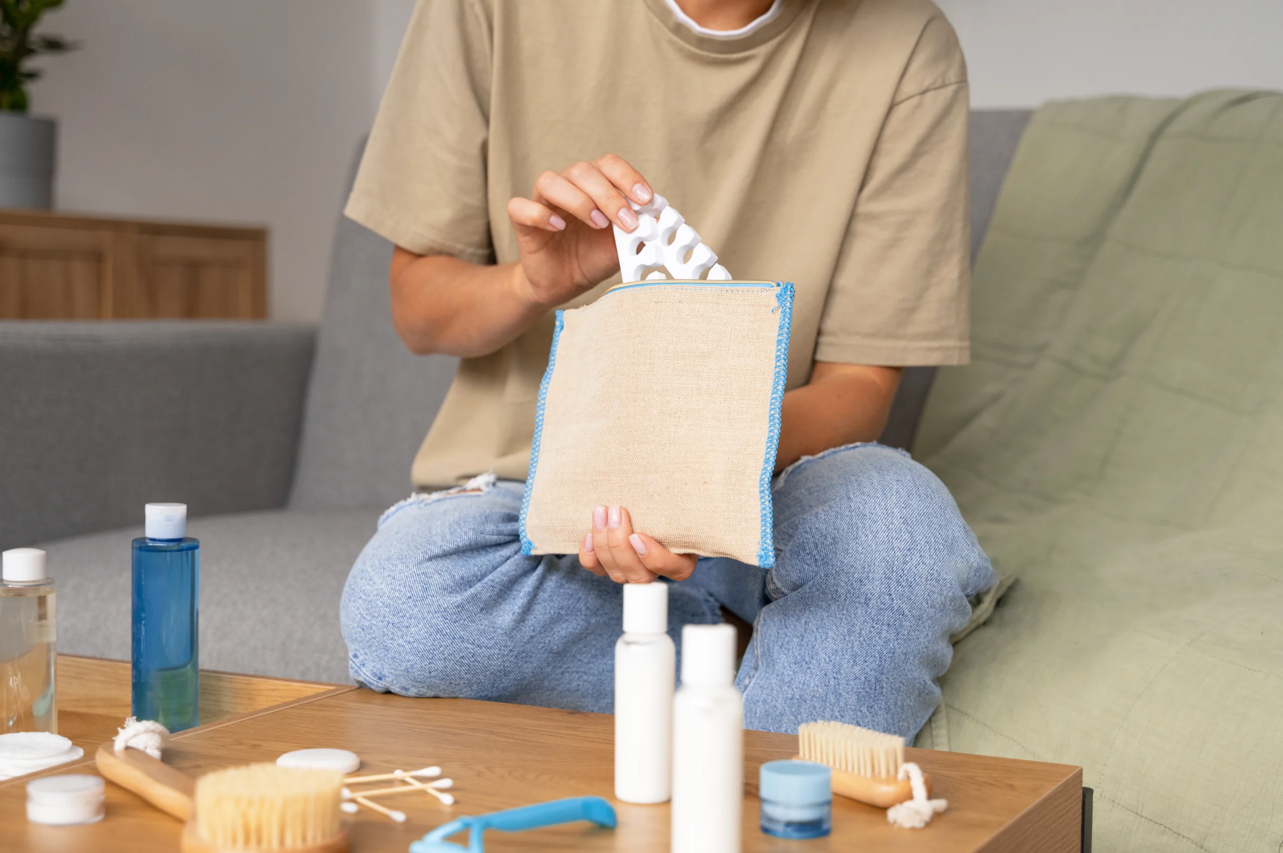 Woman packing items into a travel medical kit bag with toiletries and health supplies on the table